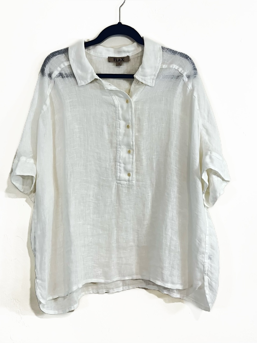 Flax 100% Linen 3/4 Sleeve Quarter Button Blouse White Size Small Lagenlook